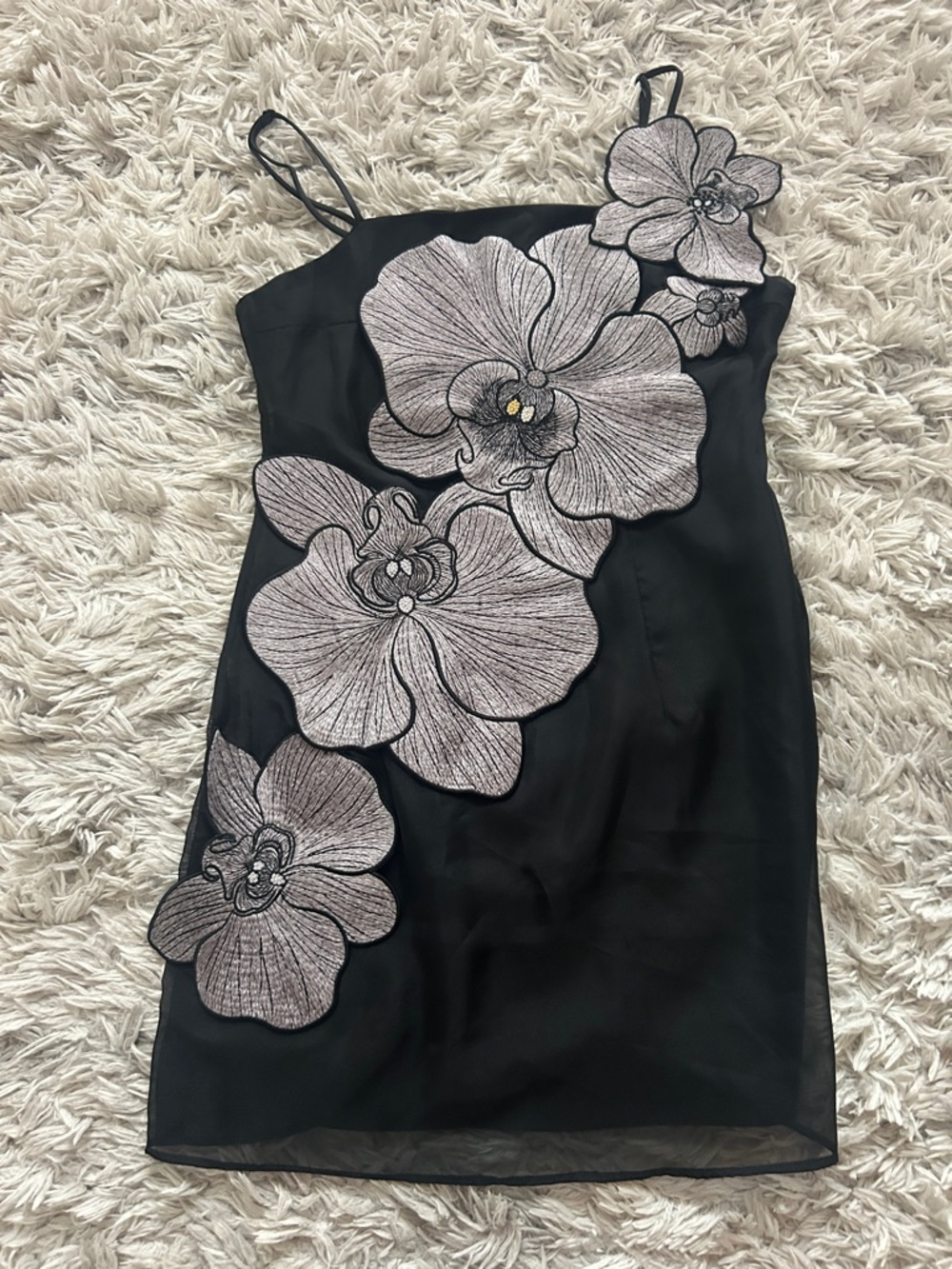 JW PEI Black Mini Dress with Silver Floral Appliqué (worn once)